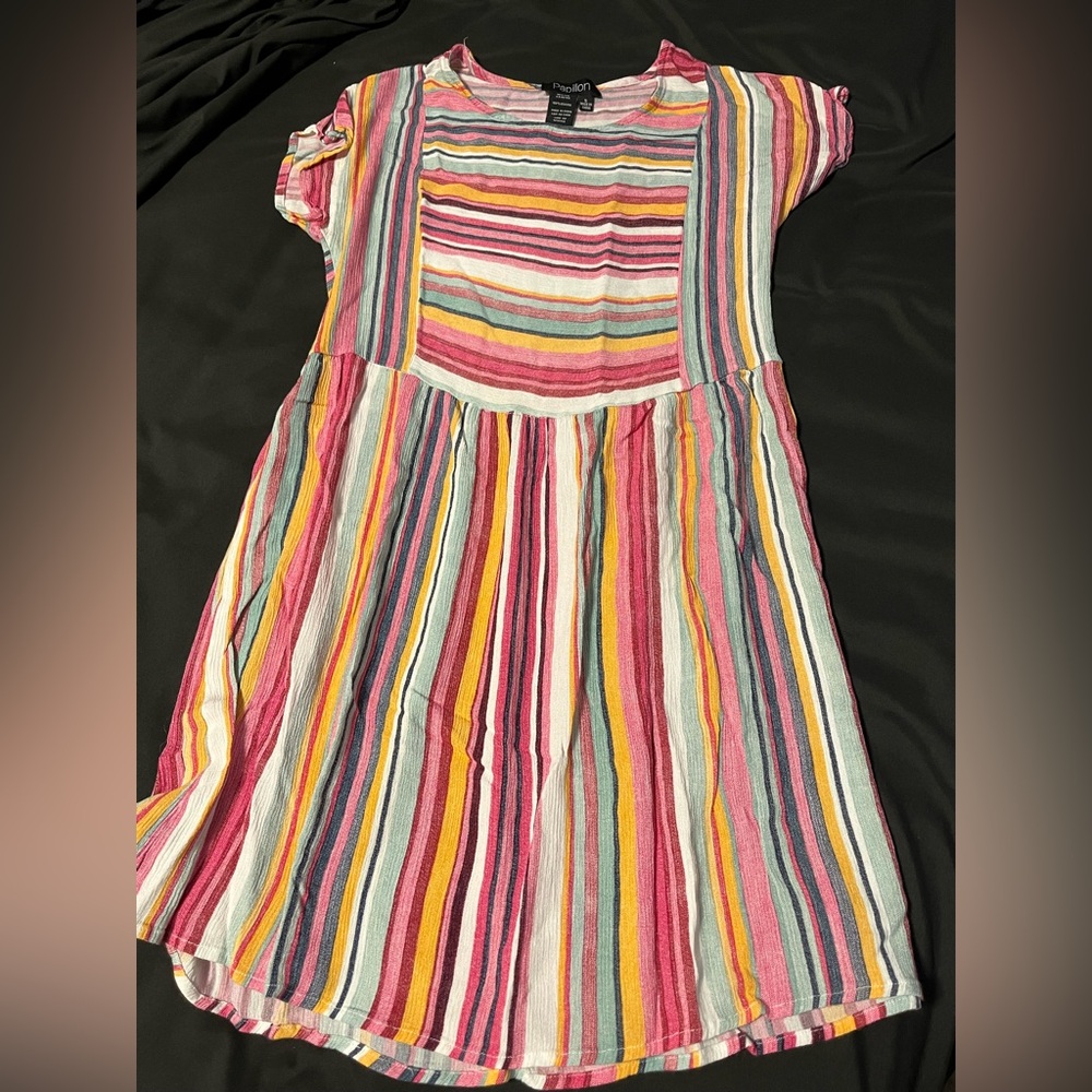 Papillon Blanc Multicolor Striped cotton dress- Pink, Yellow, Mint & Black
